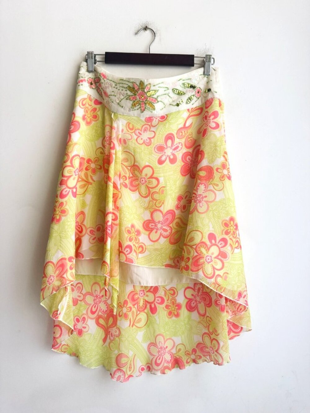 Vintage Y2K Green Pink Floral Sequin Beaded High Low Skirt Lizzy McGuire 8 - Picture 4 of 9